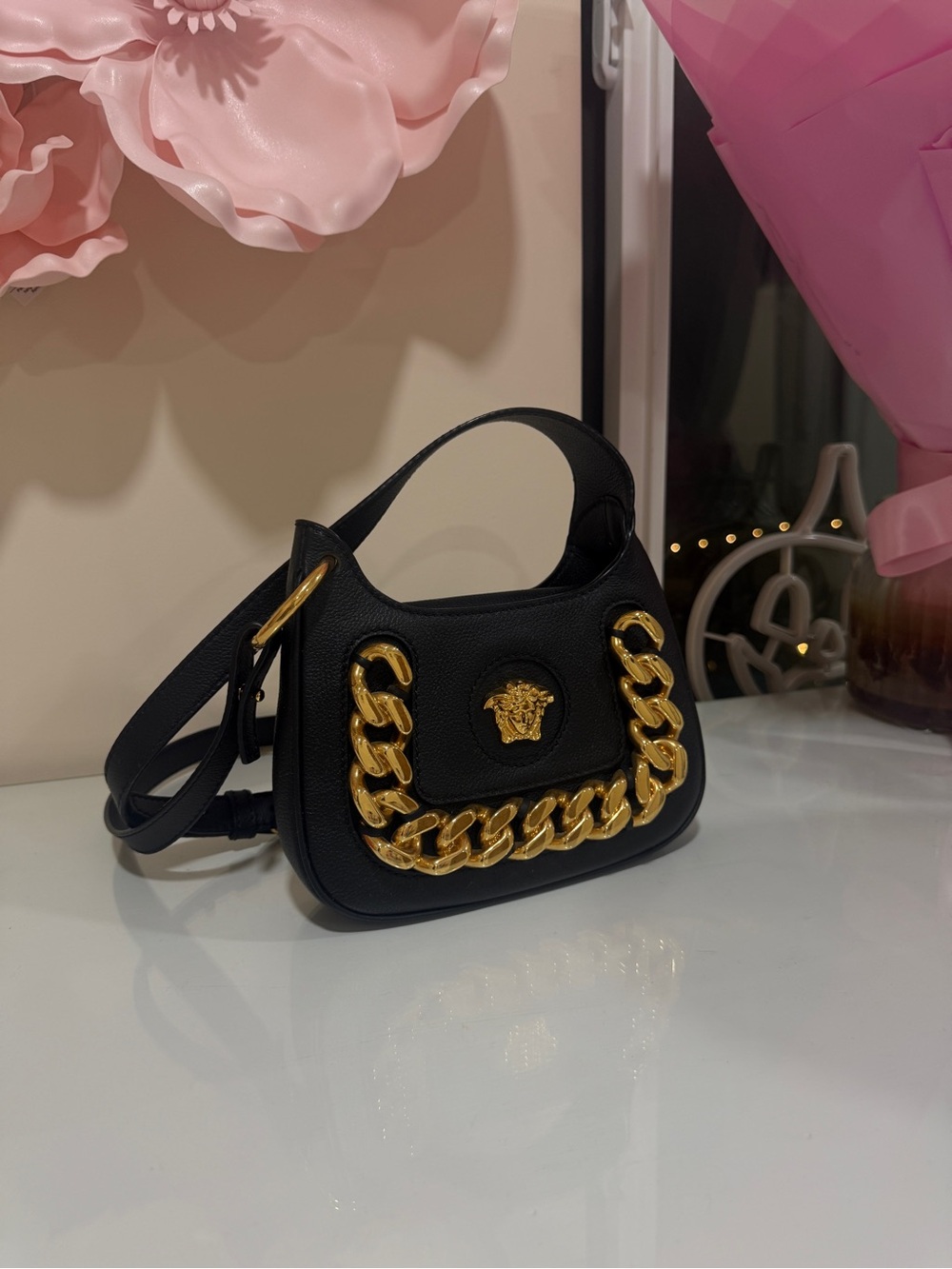 Versace Black Leather Shoulder Bag with Gold Chain and Medusa